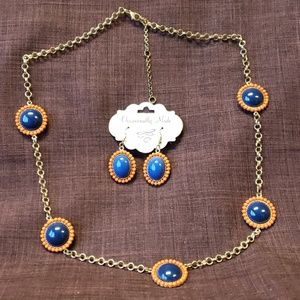 Blue and orange necklace and earring set